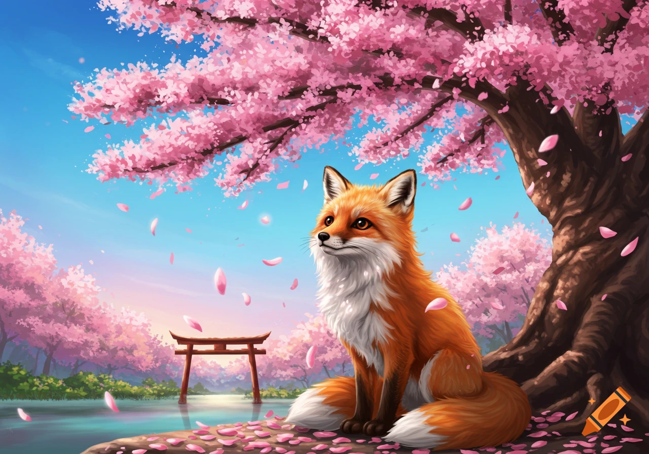 A cute orange fox sits under a pink cherry blossom tree, with petals falling onto the ground and a red torii gate by a river in the background, in an anime style.