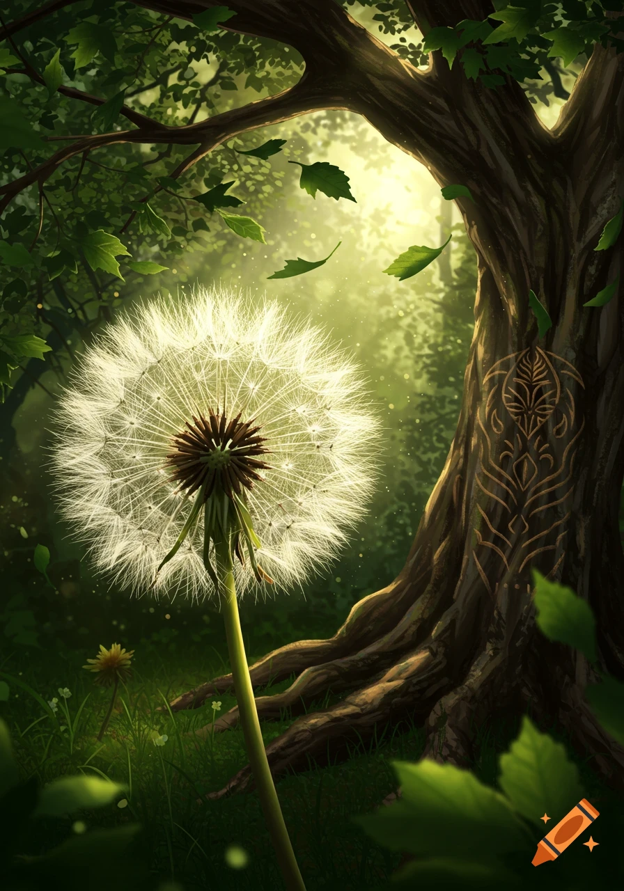 A luminous dandelion stands tall in a sunlit, enchanted forest with an old tree bearing decorative carvings and falling leaves.