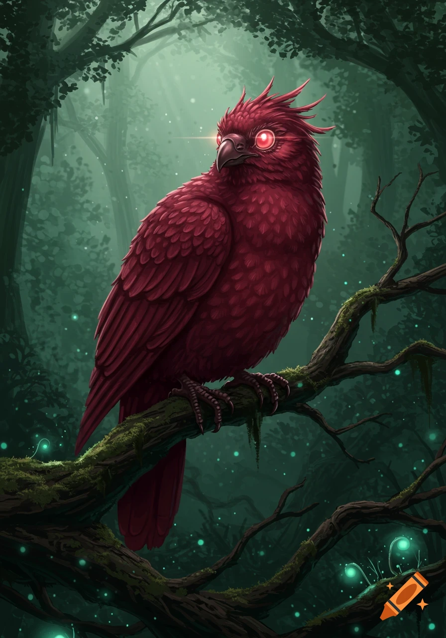 A maroon, heavy-set bird with glowing red eyes sits on a mossy branch in a dark, misty fantasy forest.