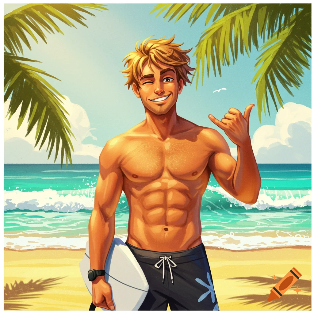 A smiling, winking blonde man in swim trunks holds a surfboard on a sunny beach, making a shaka sign. Illustrated style.