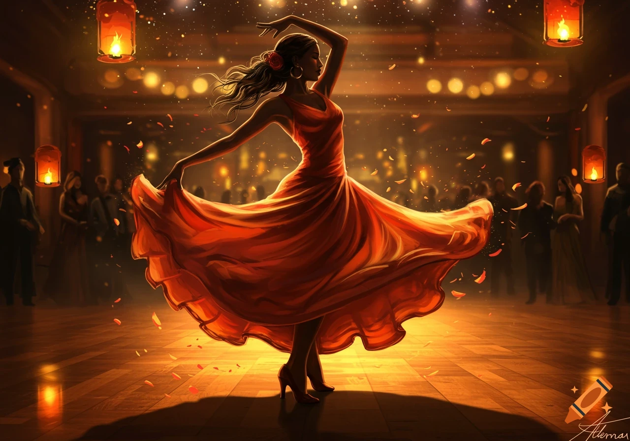 A woman in a flowing orange dress dances salsa under warm lights with falling petals in a vibrant hall.