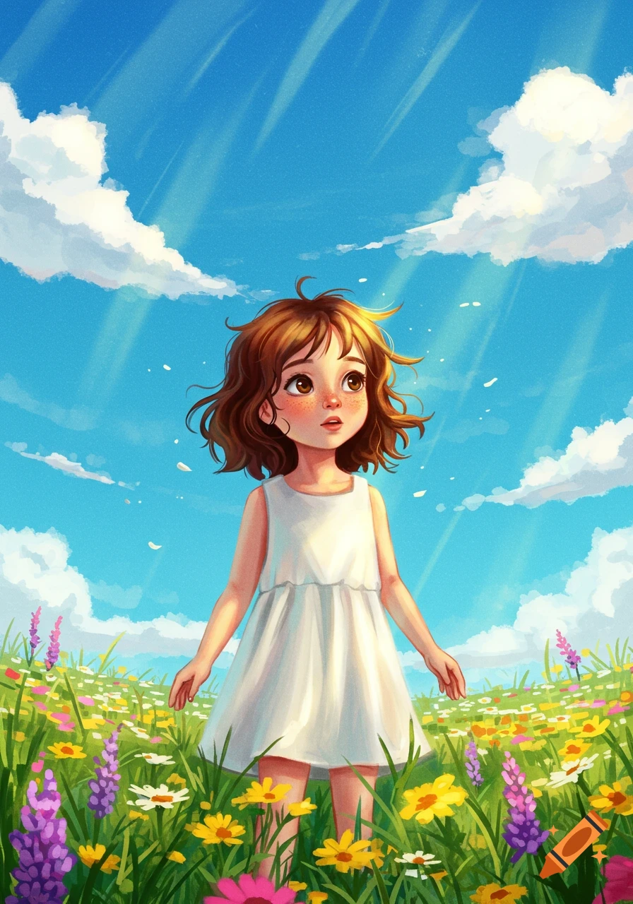 A cartoon young girl with brown hair and freckles stands in a field of colorful wildflowers, looking up at a bright blue sky with clouds.