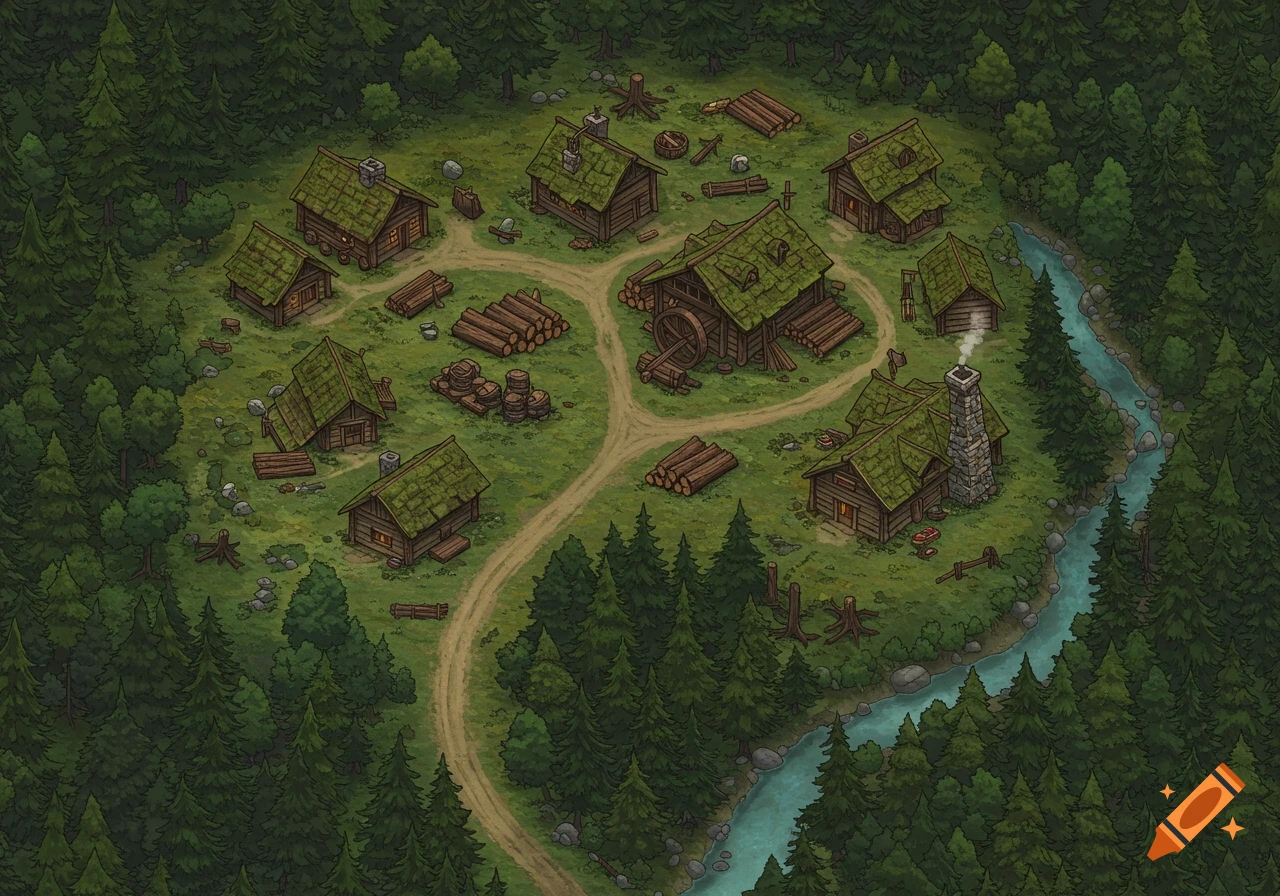 Birds-eye isometric art of a logging hamlet with log homes, a sawmill, and an inn, surrounded by a dense forest and a winding river.
