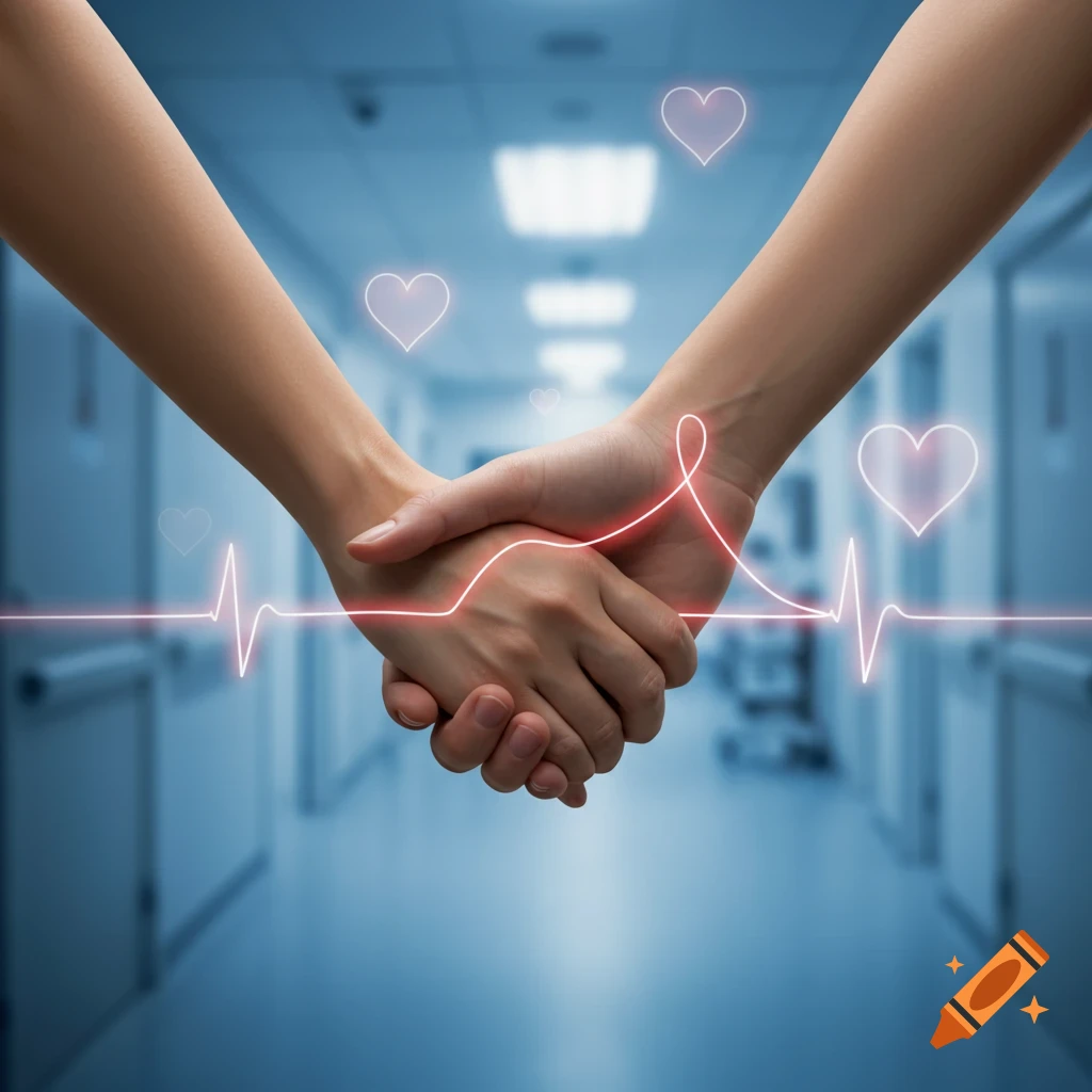 Two hands hold each other with a glowing red heart rate line and pink hearts overlaid, in a blurred hospital corridor.