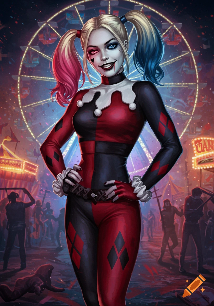 Harley Quinn in her classic jester suit poses confidently at a vibrant carnival, with a lit Ferris wheel and crowd in the background, in comic art style.