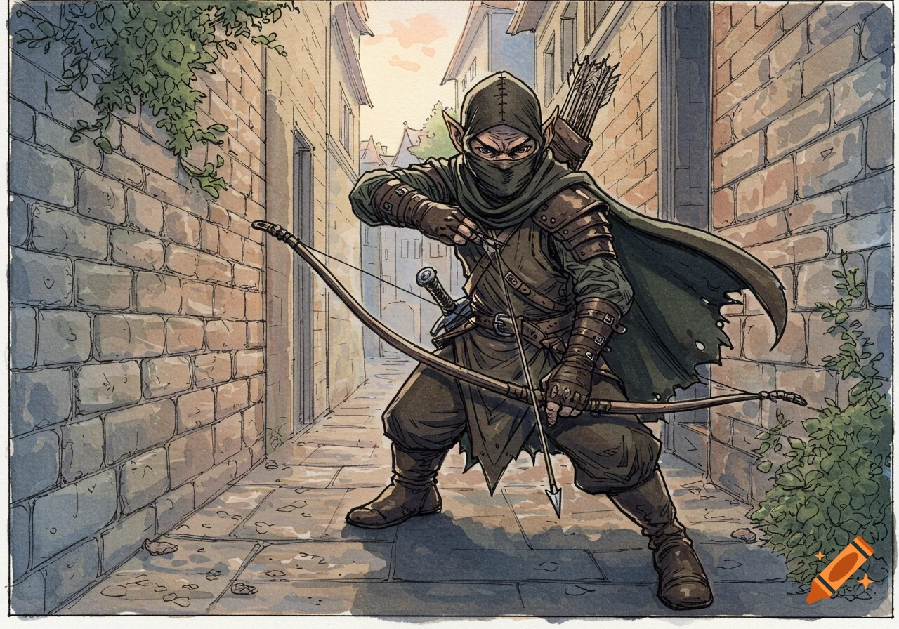 A hooded halfling thief aims a bow in a narrow brick alleyway, depicted in a handpainted sketch style.