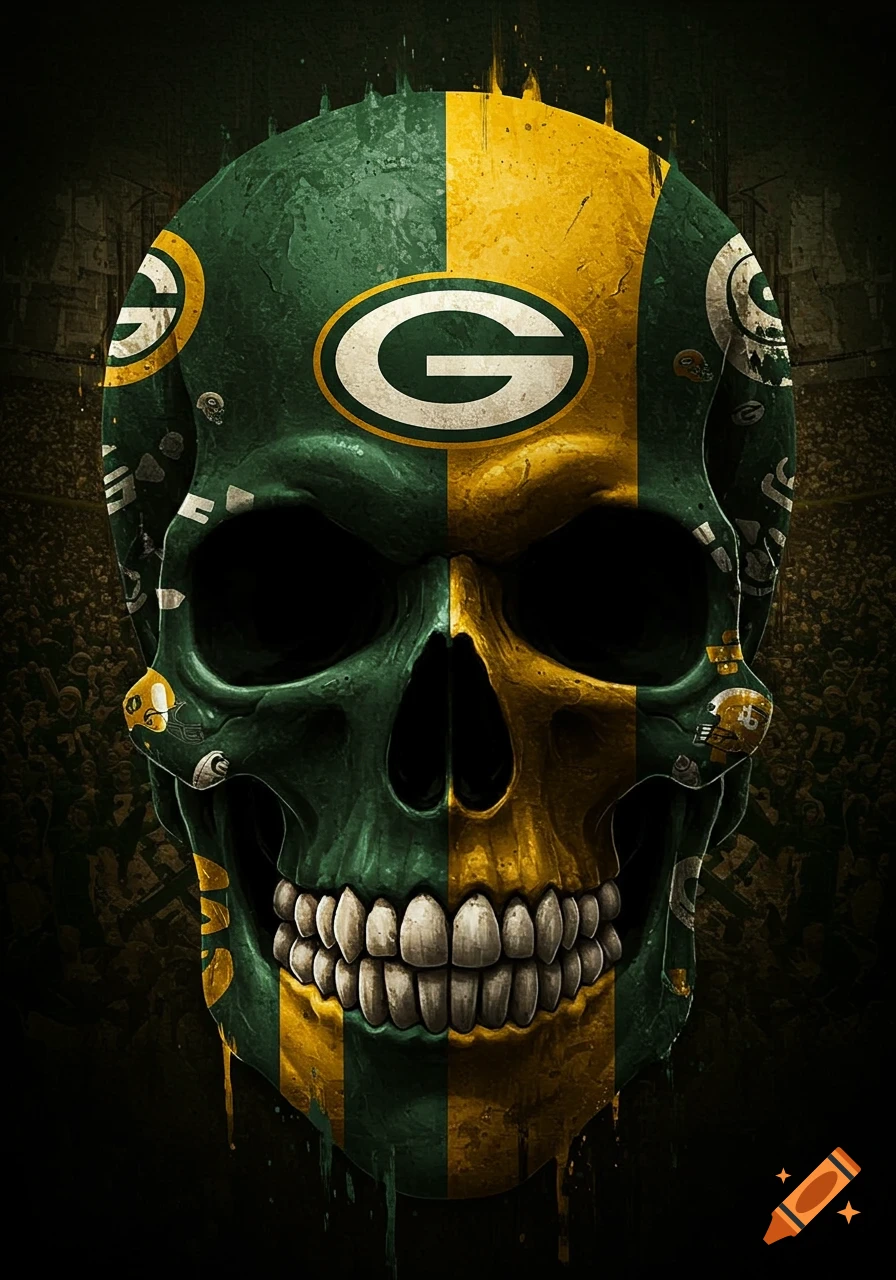 A stylized skull painted half green and half gold with Green Bay Packers 'G' logos, set against a dark, blurred stadium crowd.