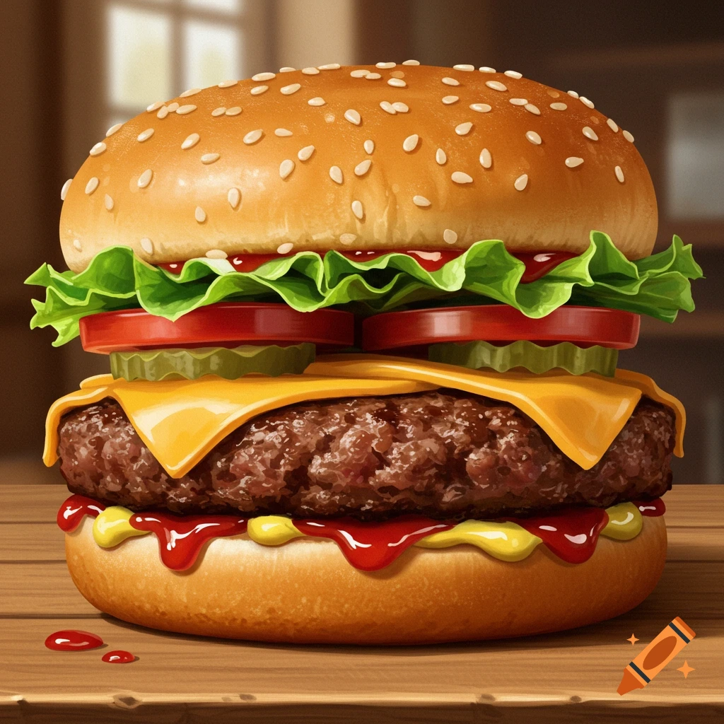 A detailed, appetizing cheeseburger with lettuce, tomato, pickles, melted cheese, and sauces on a wooden table.