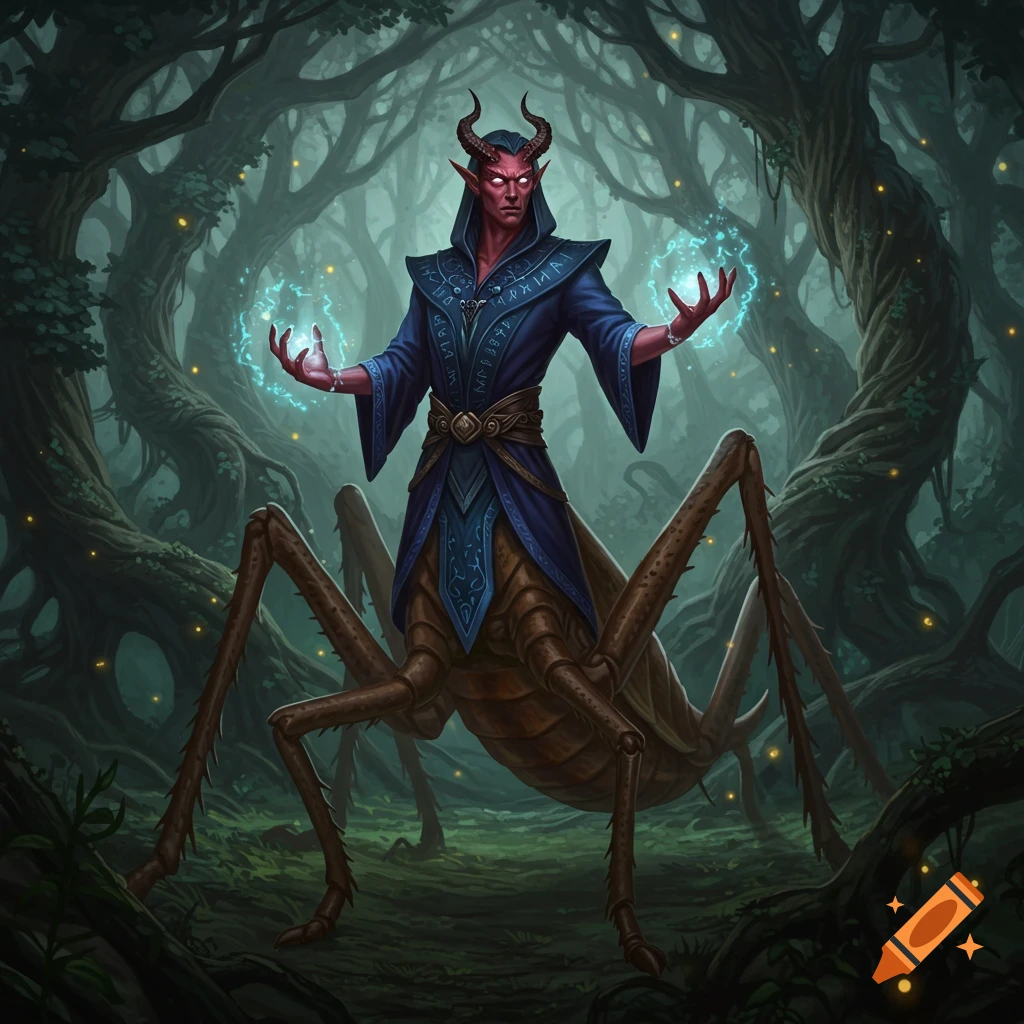 A red-skinned, horned demon wizard with insect legs casts a spell in a dark, mystical forest.