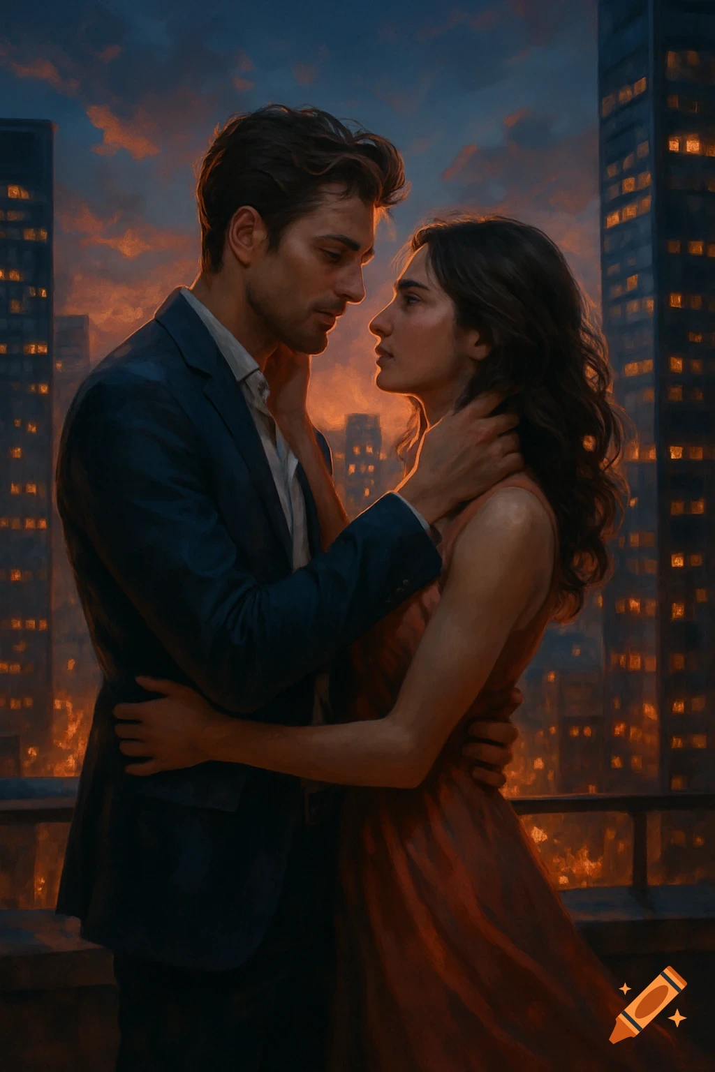 A painterly image of a romantic couple embracing on a city rooftop at sunset with a warm sky and illuminated buildings.