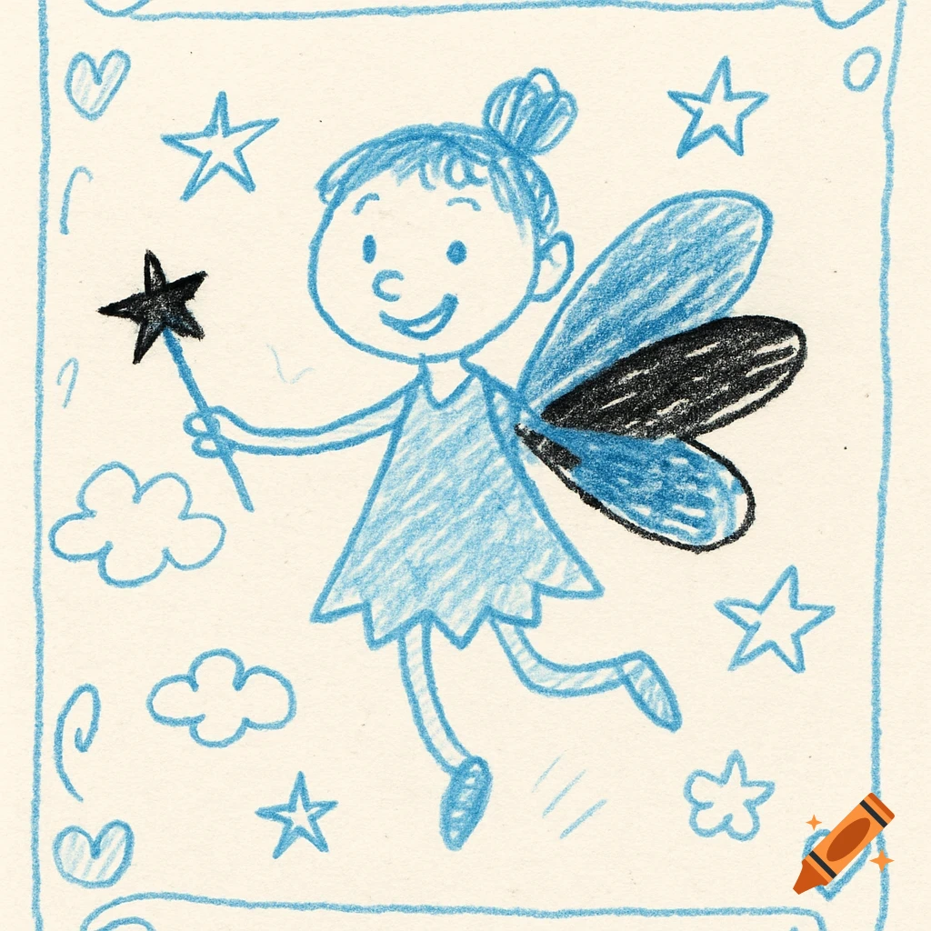 A childlike blue ink drawing of a fairy with black wings and a star wand, surrounded by stars, clouds, and hearts.