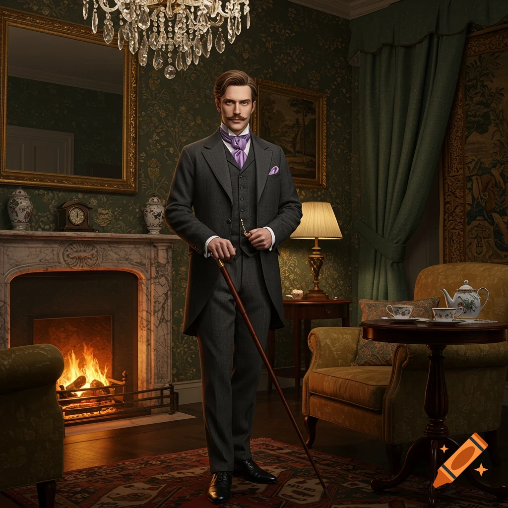 A dapper man with a mustache in a grey suit and purple cravat stands with a cane in a luxurious, elegant room with a fireplace.