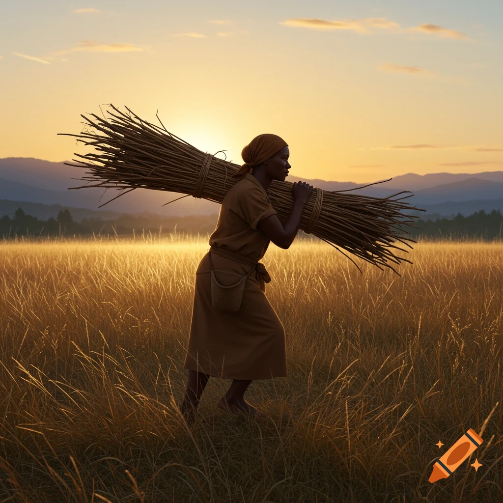 A woman carries a large bundle of sticks on her back, walking through a golden field at sunset with mountains in the distance, photorealistic.