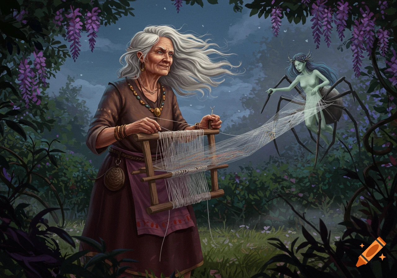 An old woman weaving at a loom challenges a spider-like Arachne spinning a web in a mystical forest illustration.