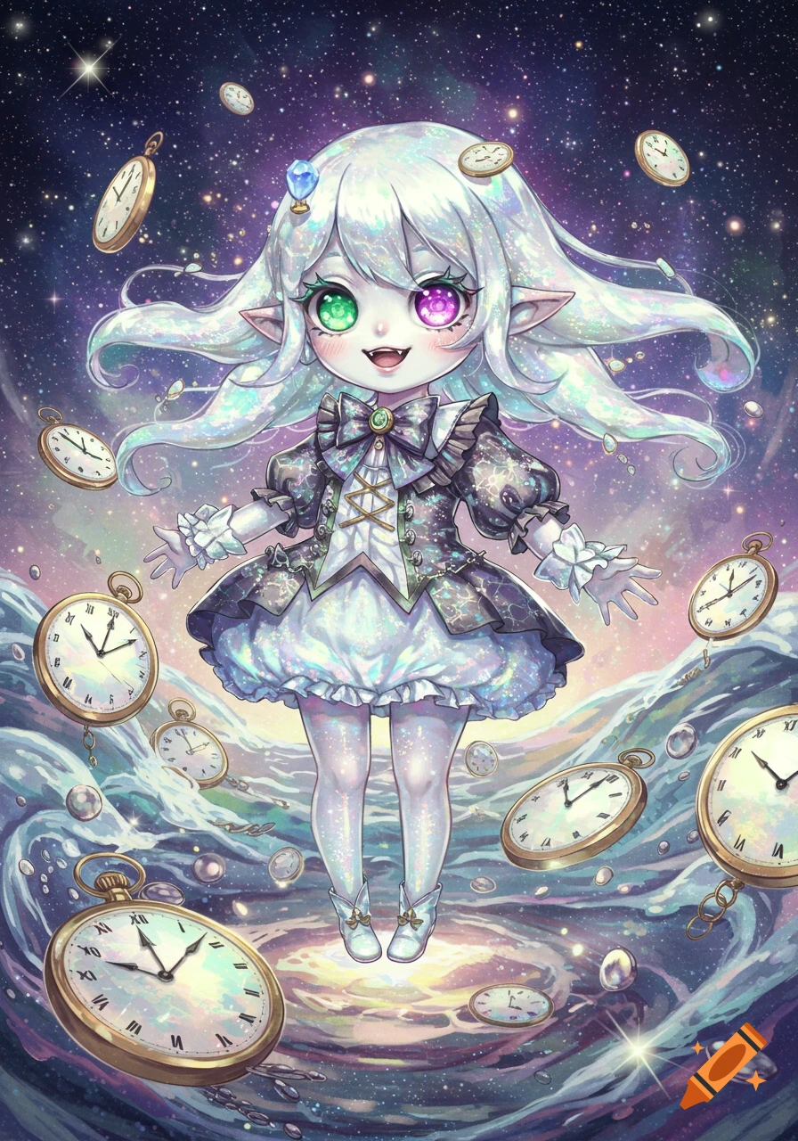 Chibi anime fantasy girl with glowing white hair and mismatched eyes floats in a starry galaxy with golden pocket watches.