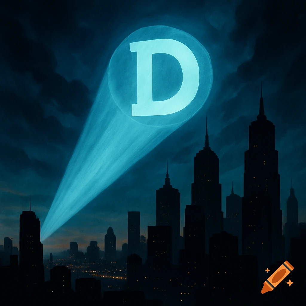 A blue spotlight projects a large letter 'D' into the dark night sky above a silhouetted city skyline.