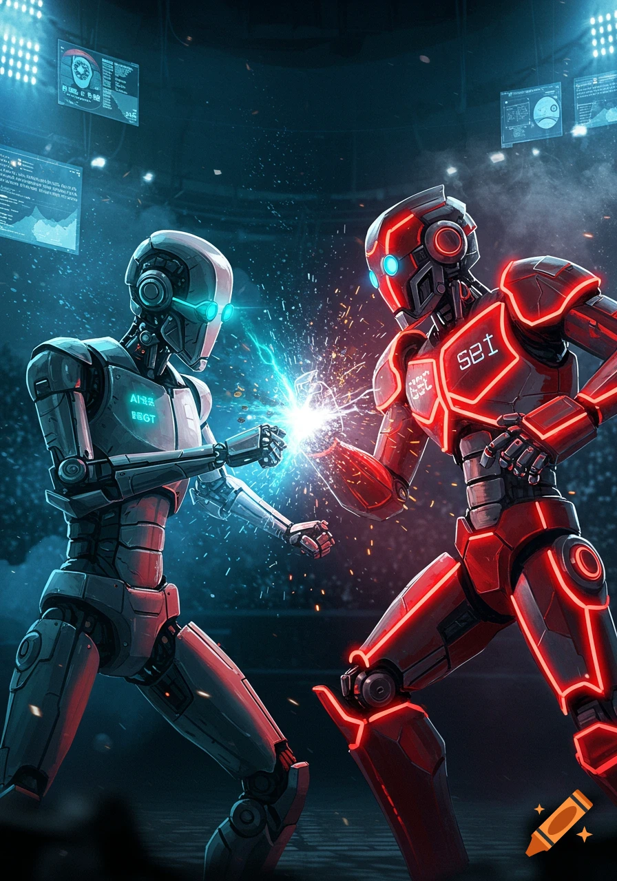 Two futuristic robots, one grey with blue lights and one red with red lights, fight in an arena with an energy burst between their fists.