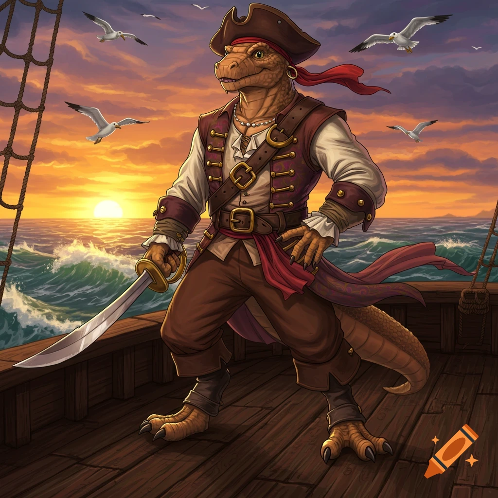 A lizard-man pirate stands on a ship deck at sunset, holding a saber, with seagulls flying above a wavy ocean.