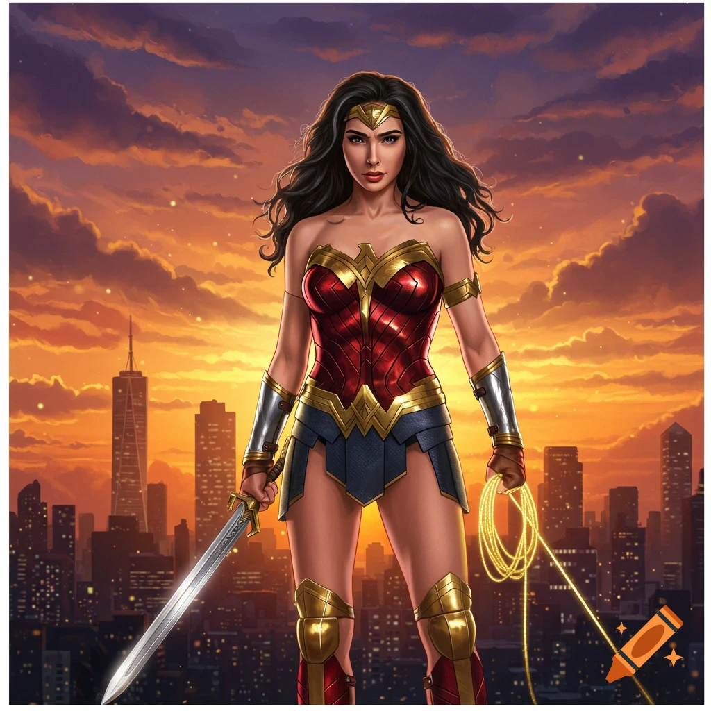 Wonder Woman in her classic red, gold, and blue armor, holding a sword and lasso, stands before a cityscape at sunset.
