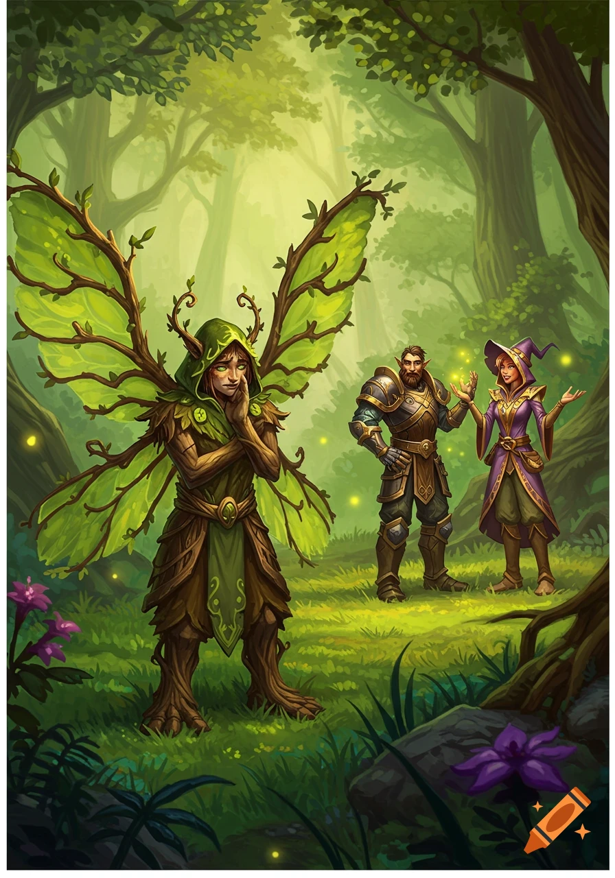 A leaf-winged druid looking jealous as a warrior and a mage stand interacting in a magical, lush green forest.