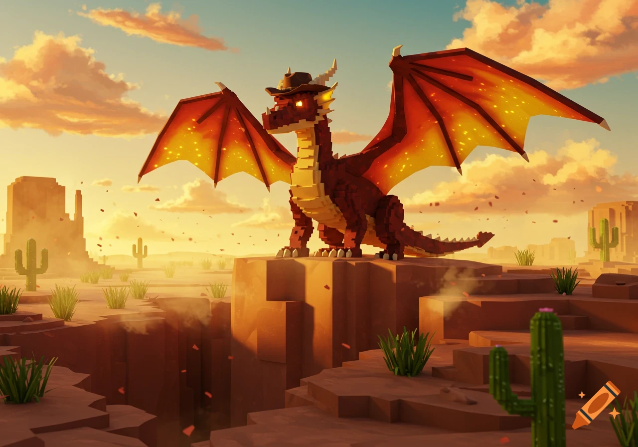 A blocky, red dragon wearing a cowboy hat stands on a cliff in a vast, sunset-lit western desert landscape.