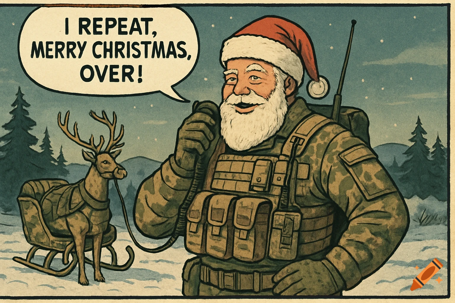 Tactical Santa in camo speaks into a radio, "I REPEAT, MERRY CHRISTMAS, OVER!". A reindeer and sleigh are in a snowy forest. Vintage comic art.