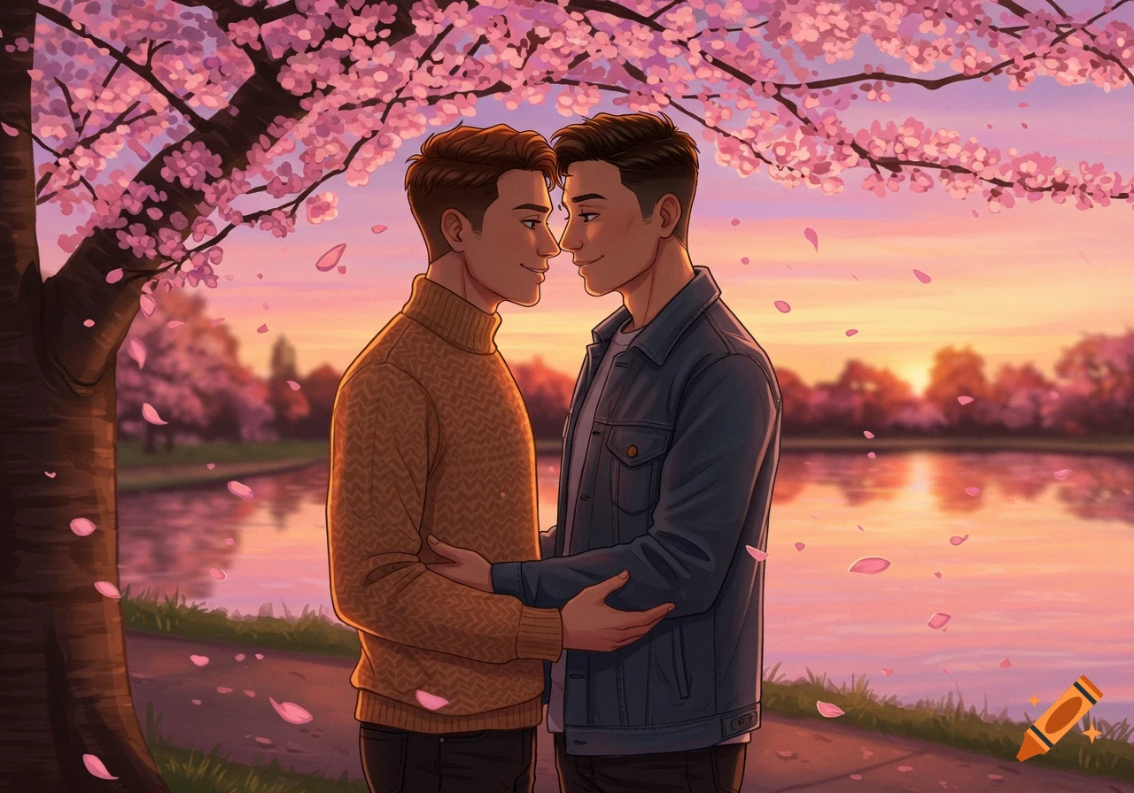 Two men embrace under pink cherry blossom trees by a lake at sunset, in a romantic illustration style.