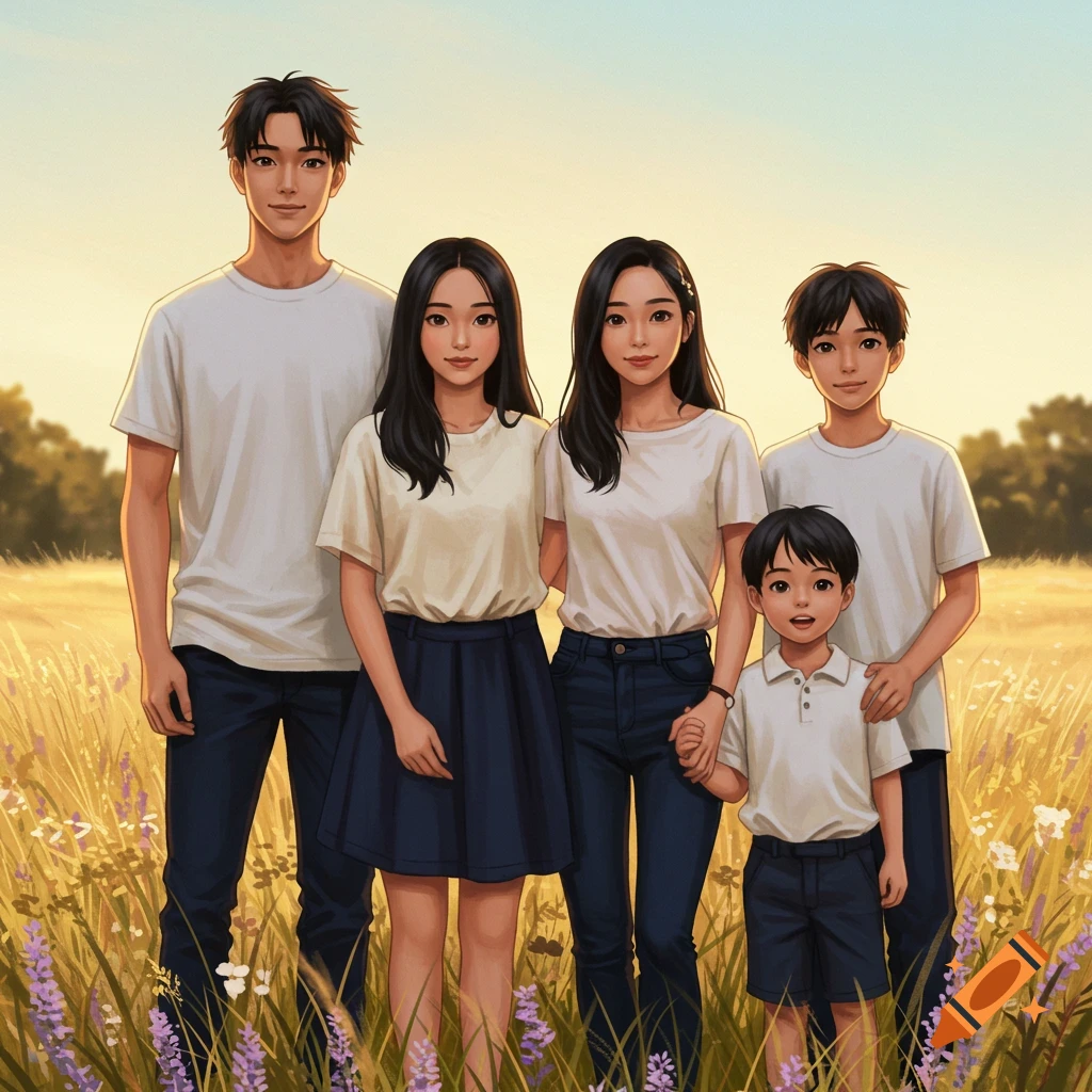An anime-style family of five, including two adult women, two boys, and a young man, standing in a sunny, golden field with lavender flowers.