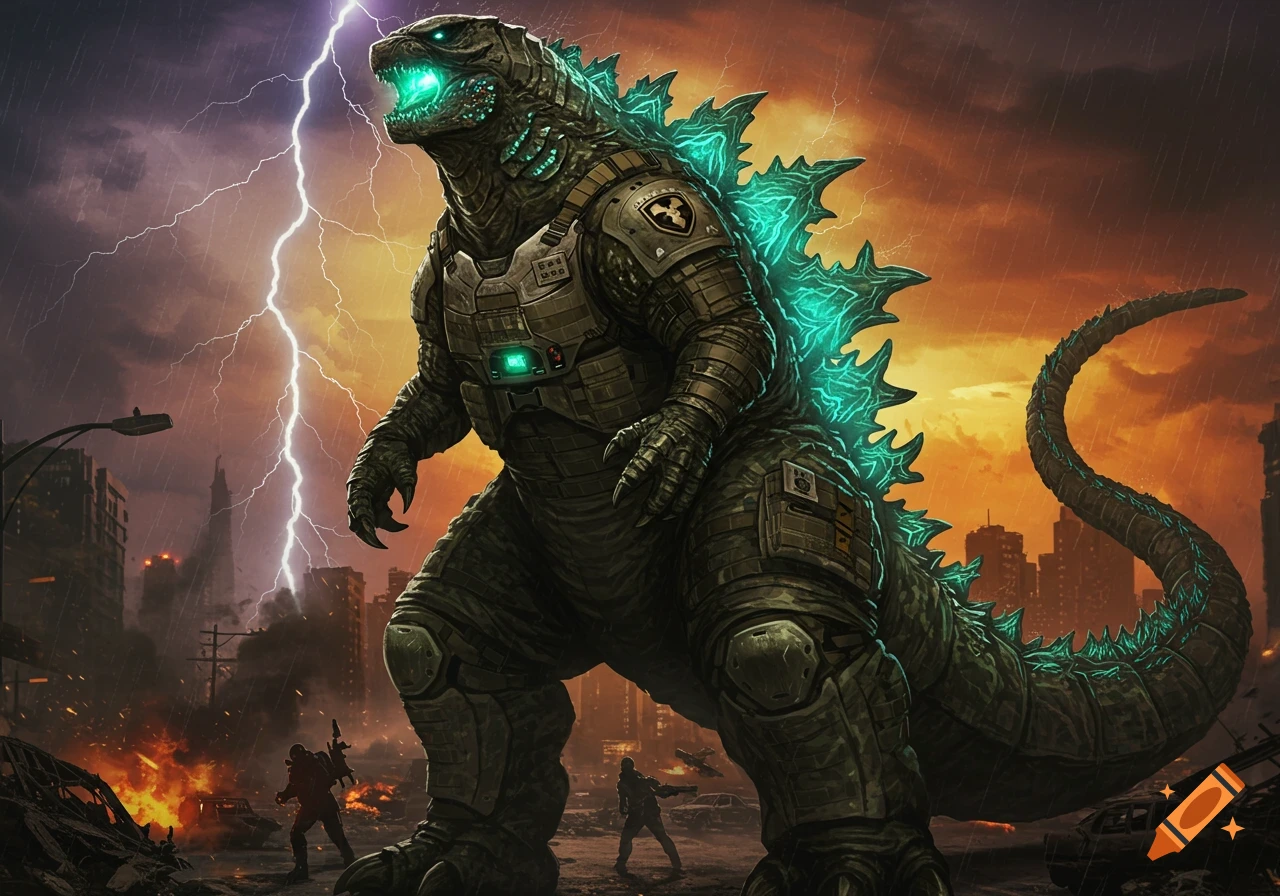 A massive armored Godzilla with glowing turquoise spikes stands in a storm-ravaged city with lightning and explosions, tiny soldiers below.