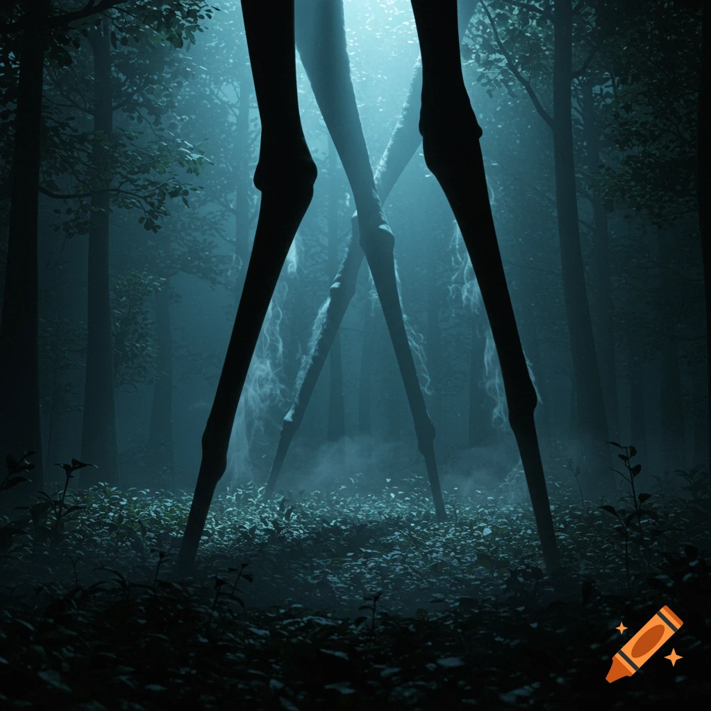 Tall, shadowy legs of a Fresno Nightcrawler stand in a misty, dark forest at night with light shining from above.