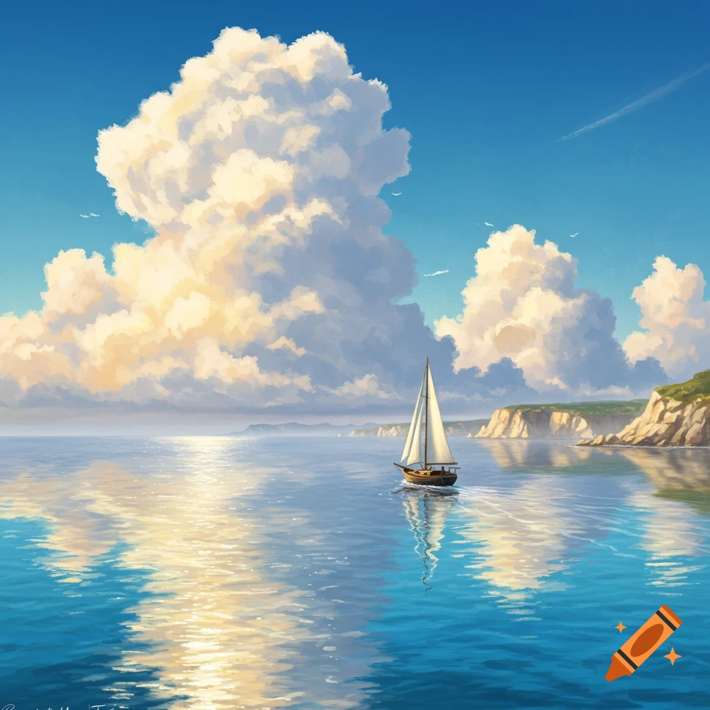 A scenic illustration of a sailboat on calm blue water with fluffy clouds in a bright sky, rocky cliffs in the distance.