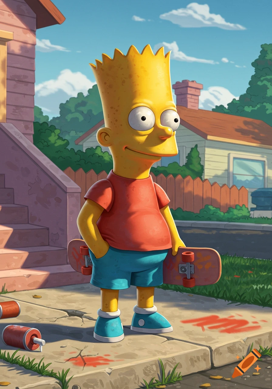 Stylized Bart Simpson holding a skateboard on a sidewalk with graffiti, in front of a house.