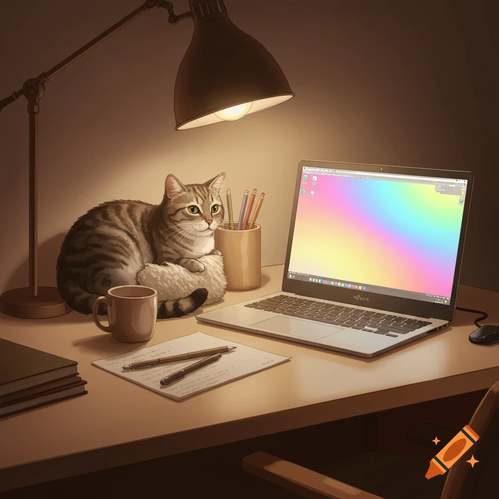 A striped cat sits on a desk next to a laptop displaying a colorful rainbow screen, illuminated by a desk lamp. Digital art.