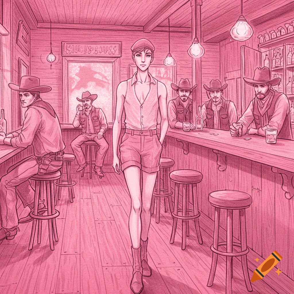 A man in shorts and a cap walks through a pink-toned cowboy bar with several cowboys sitting at the counter, drawn in a charcoal style.