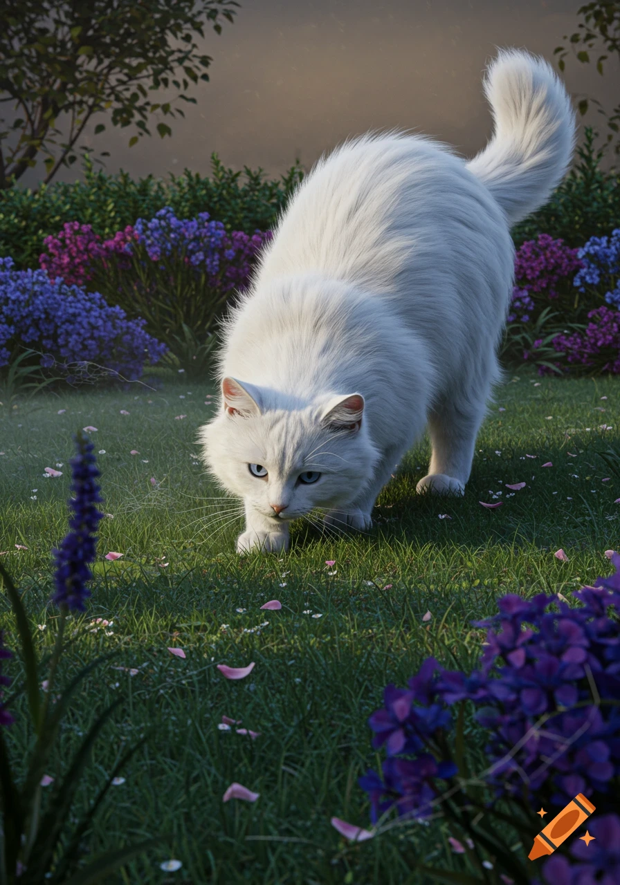 A photorealistic white fluffy cat with blue eyes bends over in a lush green garden with purple and pink flowers.