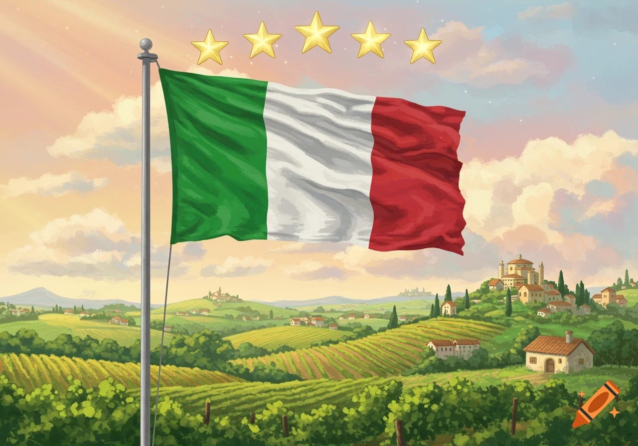 Italian flag flying over a picturesque Ghibli-style Tuscan landscape with five golden stars in the sky.