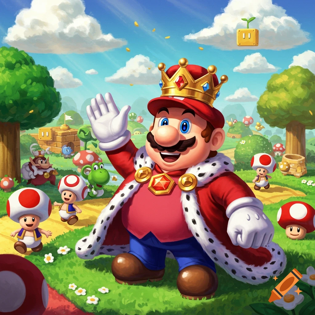 King Mario in a royal robe and crown waves in a vibrant, sunny landscape with Yoshi and Toads.