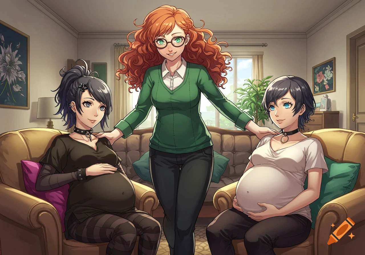 An anime-style image of three smiling women in a living room; one with red hair stands behind two seated pregnant women.