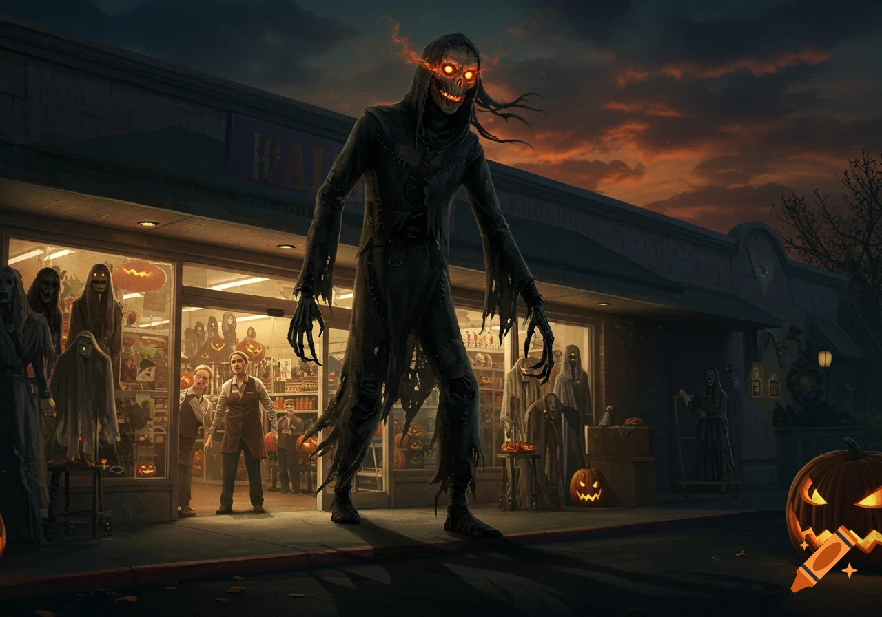 A giant, hooded grim reaper-like animatronic with glowing eyes stands outside a Halloween store, looming over two startled employees inside at dusk.