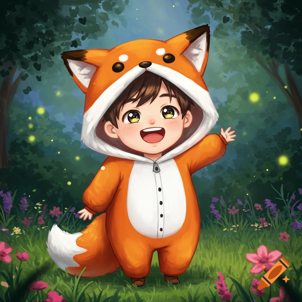 Happy chibi child in an orange fox onesie waving in a magical forest with glowing lights and flowers, illustration.
