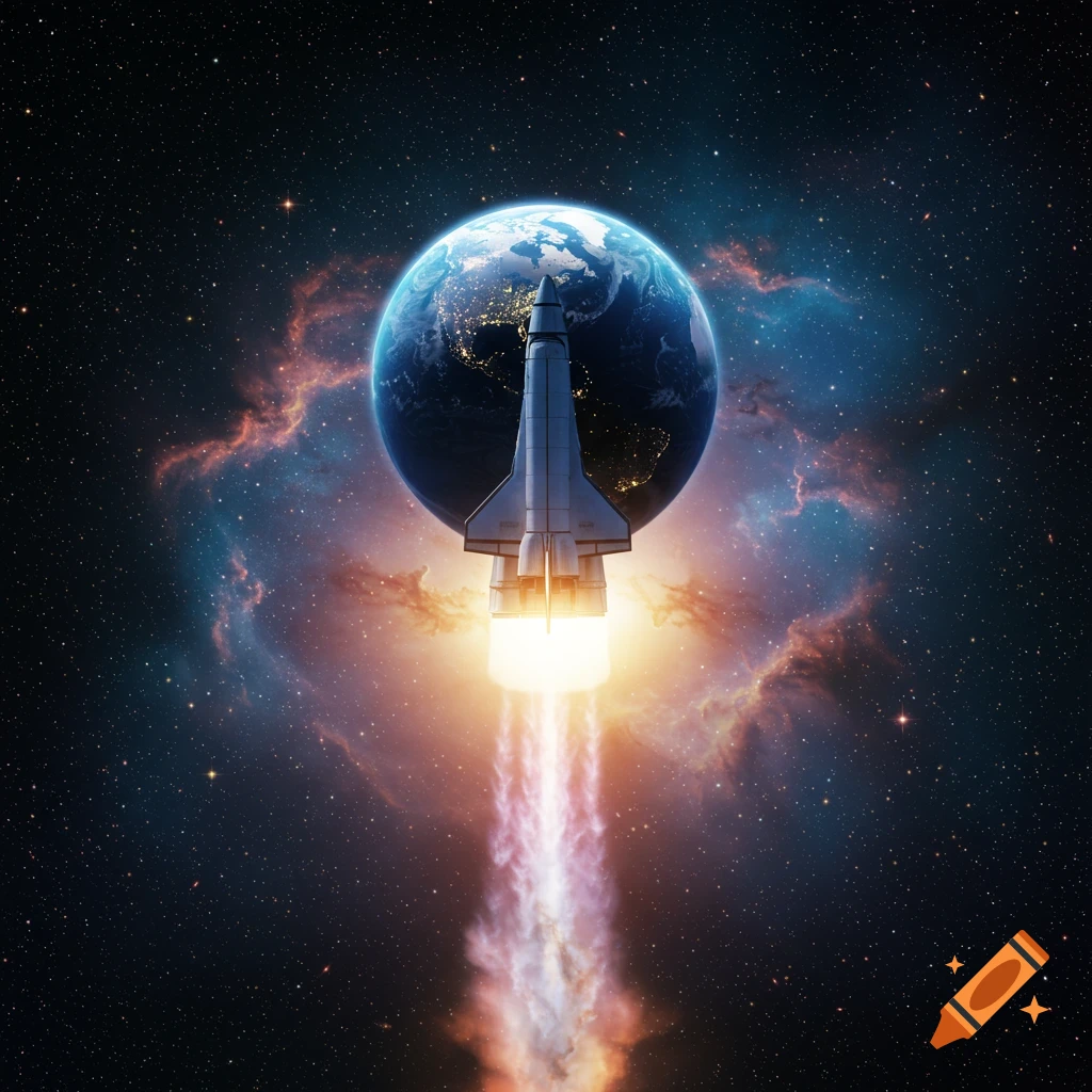 A rocket launches upwards from Earth, trailing fire and smoke into a starry cosmic sky with colorful nebulae.