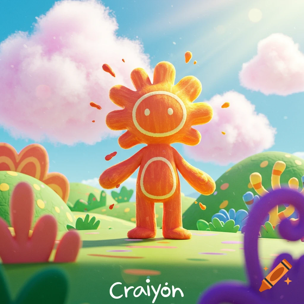 A vibrant orange, sun-like cartoon character stands in a whimsical landscape with pink clouds and colorful hills. 'Craiyon' text.