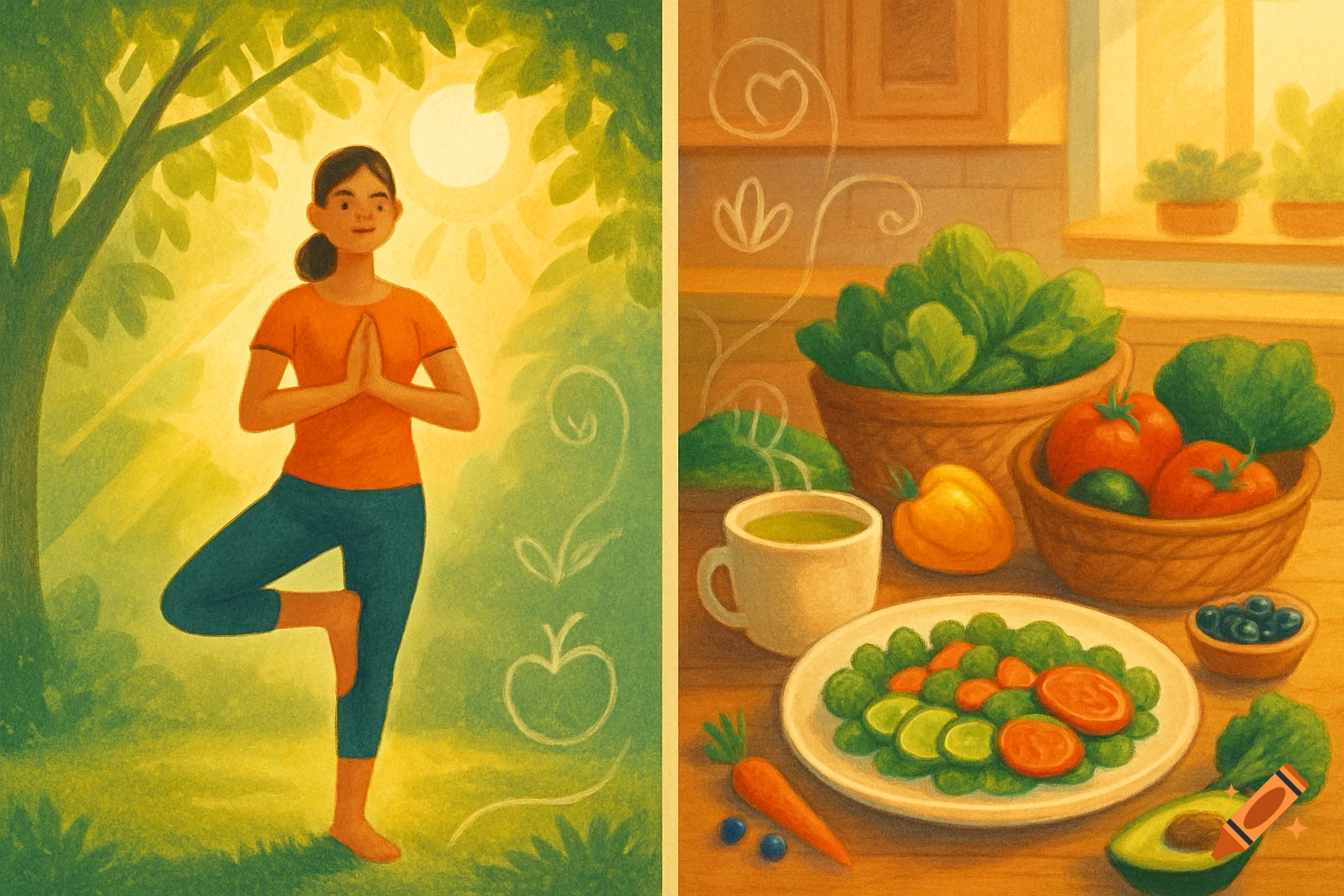 A diptych illustration: woman doing yoga outdoors and healthy fresh food on a kitchen counter, in a vibrant painterly style.