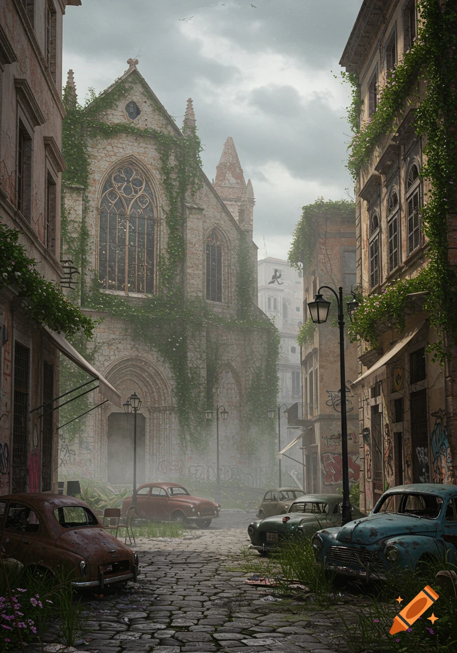 A photorealistic image of a decaying European street with overgrown stone buildings, an old church, and several rusty, abandoned cars under a cloudy sky.