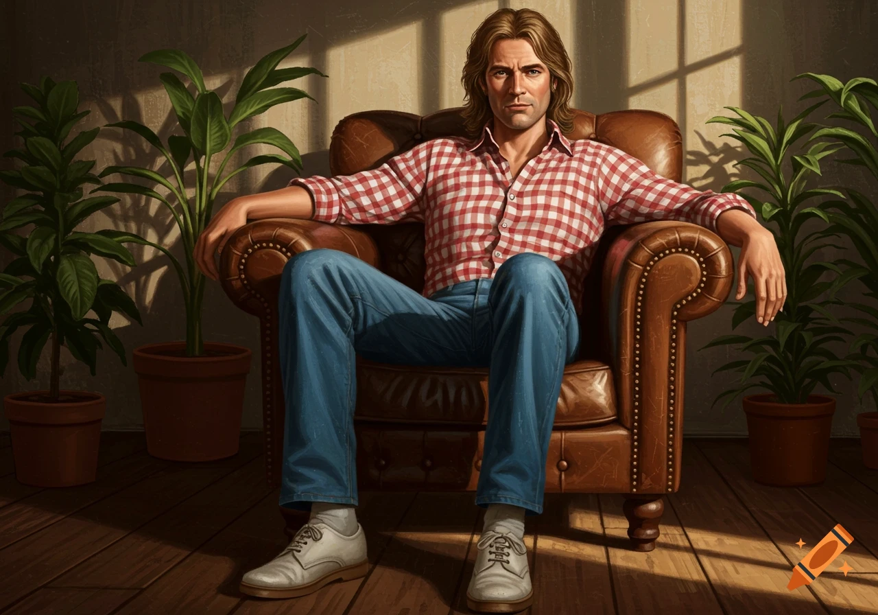 A man with long brown hair in a red and white plaid shirt, blue jeans, and white shoes sits in a brown leather armchair, bathed in sunlight.