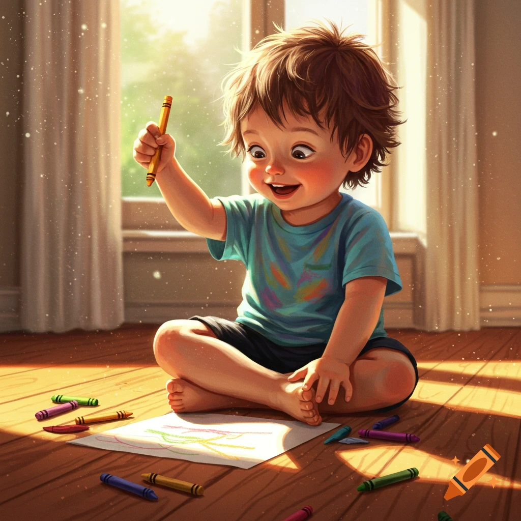 A happy child with messy hair draws with a yellow crayon on a sunlit wooden floor, surrounded by colorful crayons.