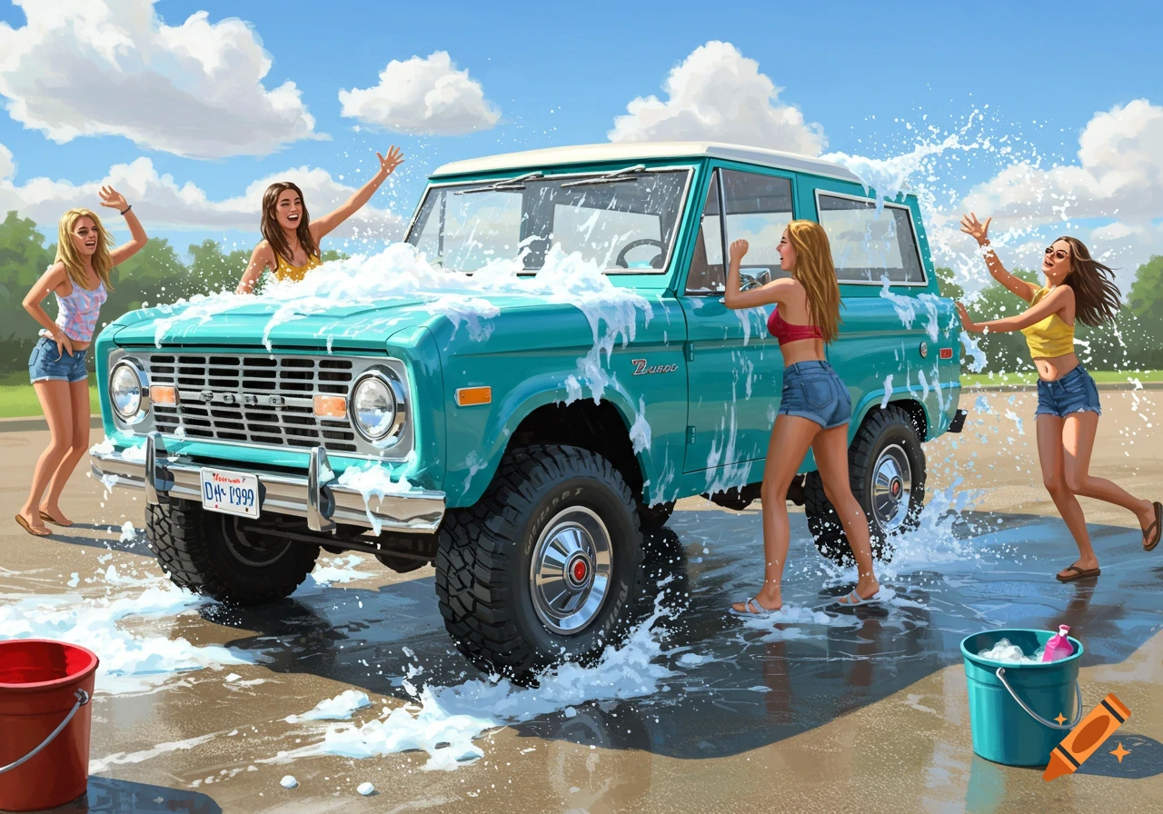 Four women in shorts and tops washing a teal Ford Bronco, splashing soap and water on a sunny day.