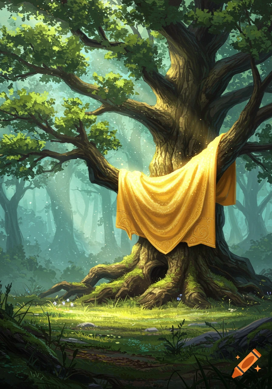 A majestic ancient tree with a shimmering golden cloth draped over its branch, bathed in dappled sunlight in a mystical forest, digital painting.