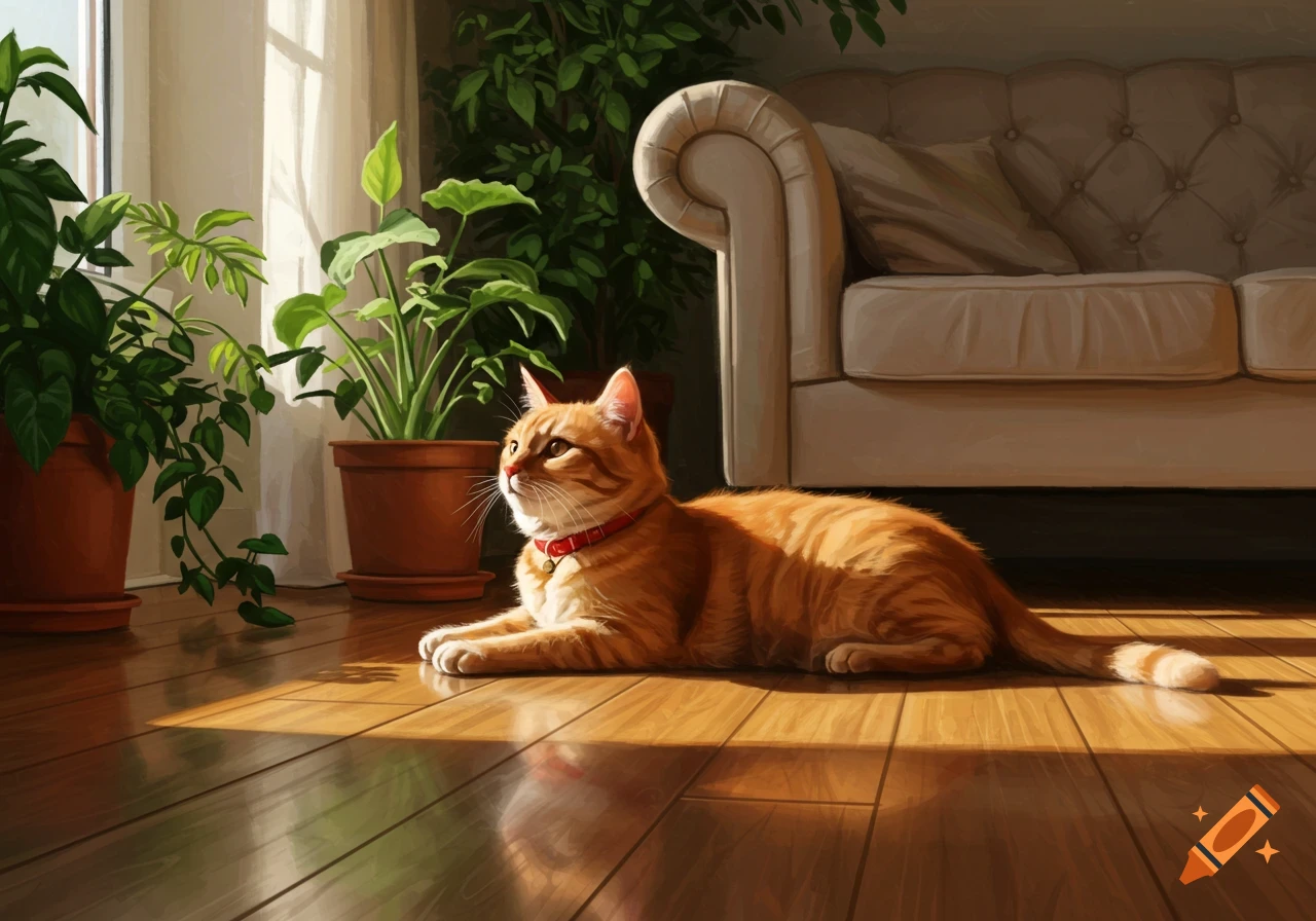A ginger cat with a red collar lies on a sunlit wooden floor in a cozy room with plants and a couch, in a realistic digital painting style.