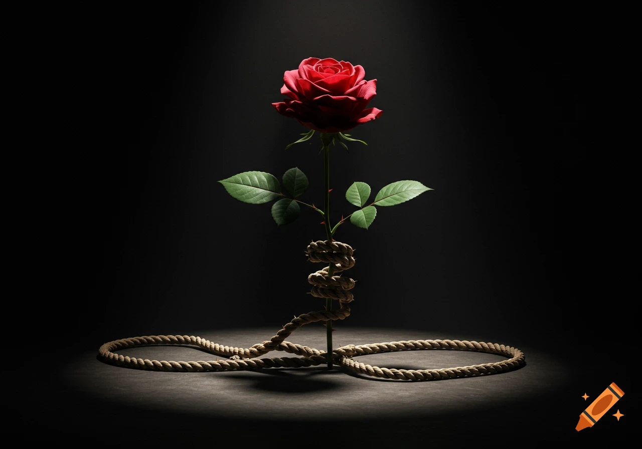 A single red rose with a rope wrapped around its stem, forming a loop at the base, against a dark background in a chiaroscuro style.